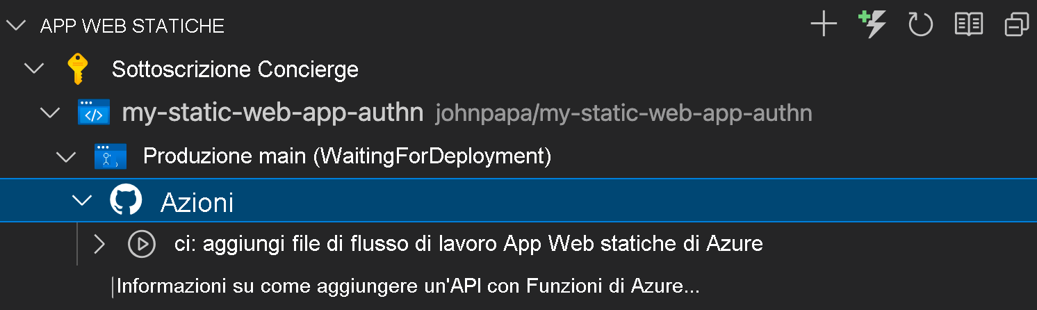 Screenshot che mostra il menu GitHub Actions in VS Code.