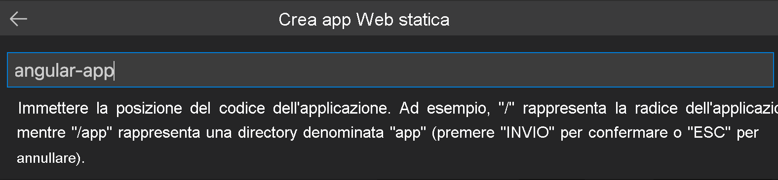 Screenshot che mostra il percorso del codice dell'applicazione Angular.