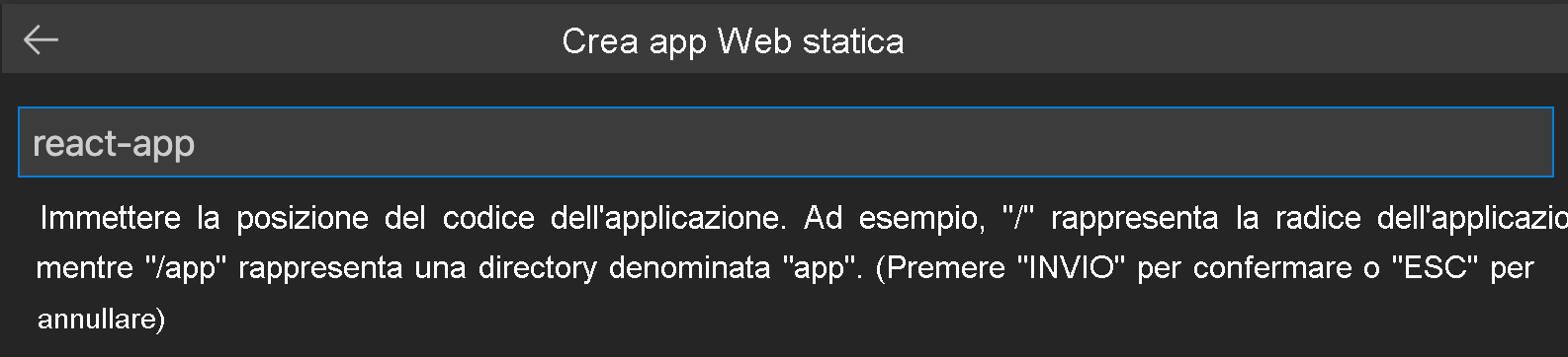 Screenshot che mostra il percorso del codice dell'applicazione React.