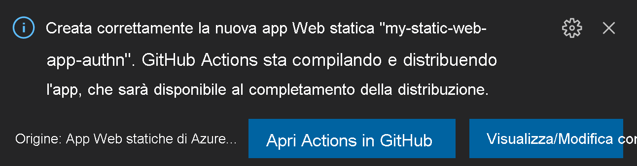 Screenshot che mostra la finestra popup Apri azioni in GitHub o Visualizza/Modifica configurazione.