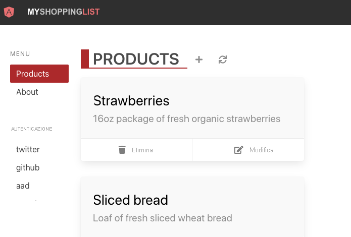 Screenshot che illustra l'applicazione di esempio Angular.