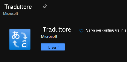 Screenshot che mostra la finestra di dialogo di creazione del servizio Traduttore.