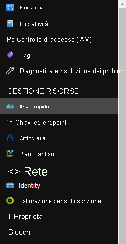 Screenshot che mostra l'opzione Chiavi ed endpoint nel menu.