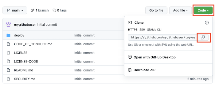 Screenshot dell'interfaccia di GitHub che mostra il nuovo repository con il pulsante di copia dell'URL del repository evidenziato.