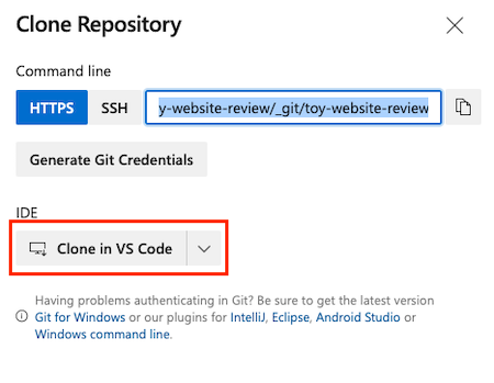 Screenshot di Azure DevOps che mostra le impostazioni del repository, con evidenziato il pulsante per la clonazione in Visual Studio Code.