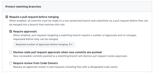 Screenshot delle regole di protezione dei rami di GitHub. L'opzione per richiedere le approvazioni è abilitata e il numero di approvazioni richieste prima del merge è pari a 2.