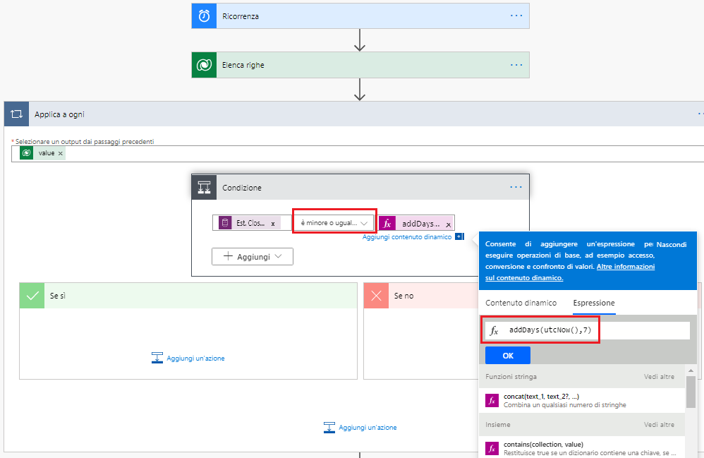 La condizione di chiusura è impostata su è minore o uguale a, e in Contenuto dinamico nella scheda Espressione è visualizzato addDays(utcNow(),7).
