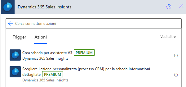 Dynamics 365 Sales Insights nella scheda Azioni della ricerca che mostra l'anteprima delle azioni personalizzate.