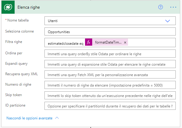 Query filtro impostata su estimatedclosedate eq formatDateDime(...).