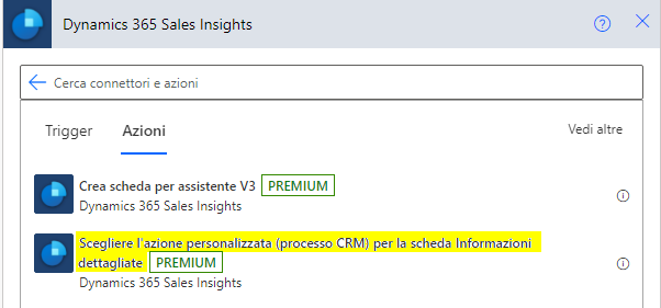 Selezionare Scegli azione personalizzata (processo CRM) per una scheda di informazioni dettagliate.