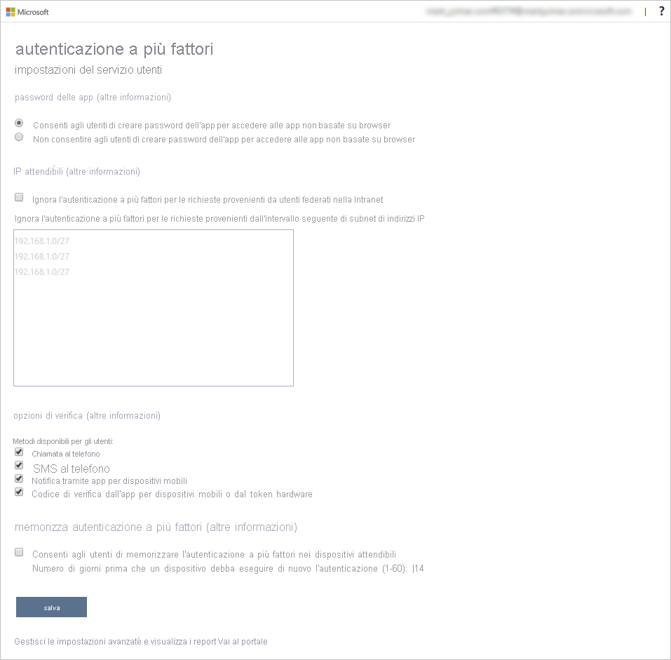 Screenshot che illustra la configurazione dell'autenticazione a più fattori.