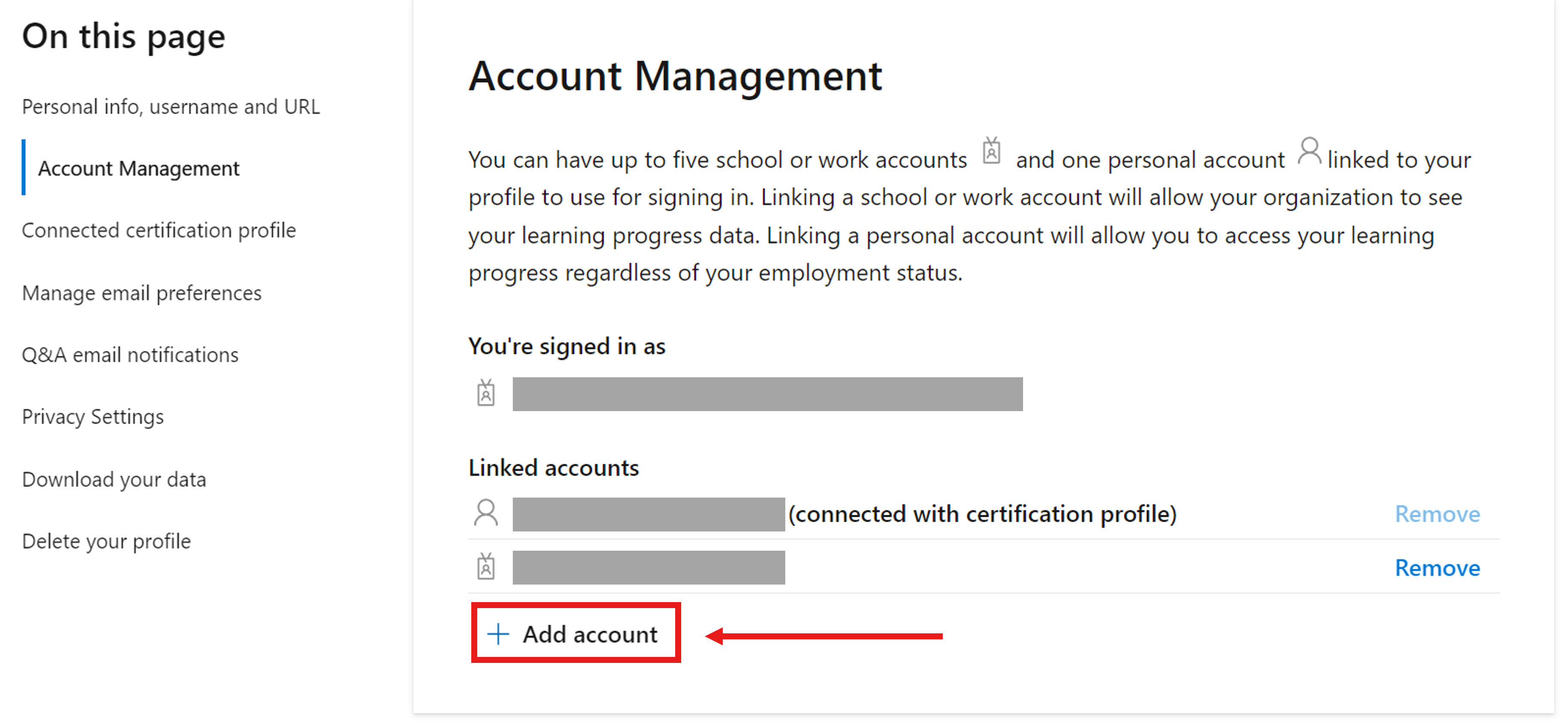 Screenshot della sezione Gestione account nelle impostazioni del profilo di Microsoft Learn.