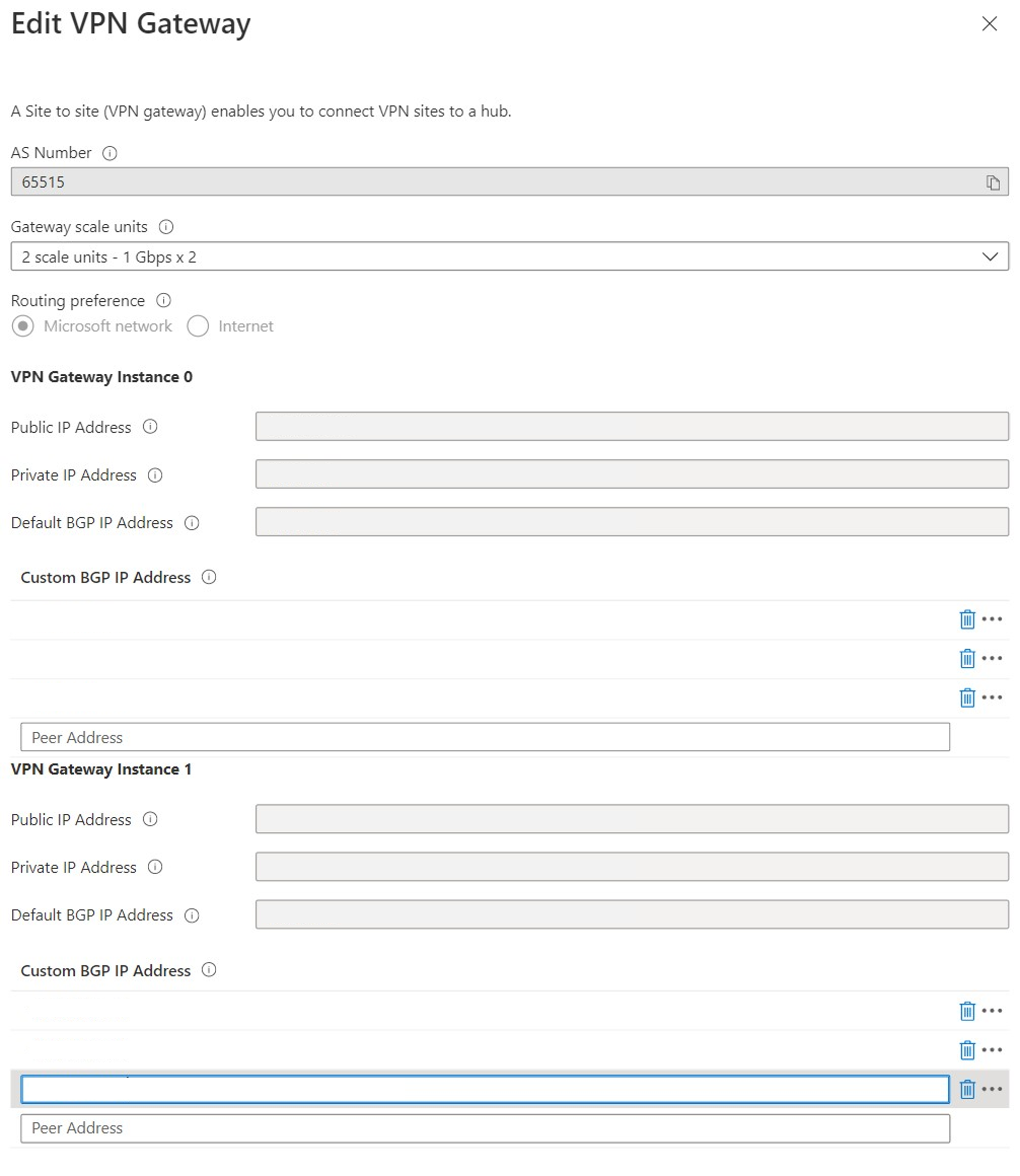 Screenshot che mostra come modificare le impostazioni del gateway della rete privata virtuale.