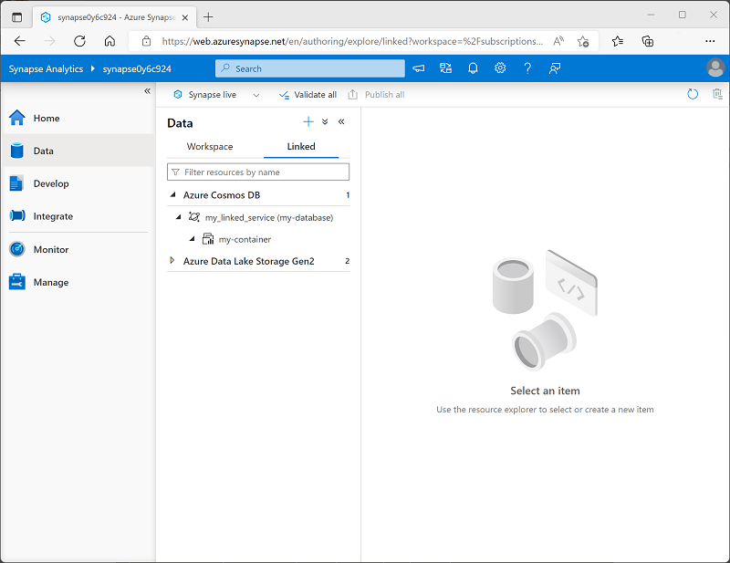 Screenshot di Azure Synapse Studio che mostra la pagina Dati con un servizio collegato di Azure Cosmos DB.