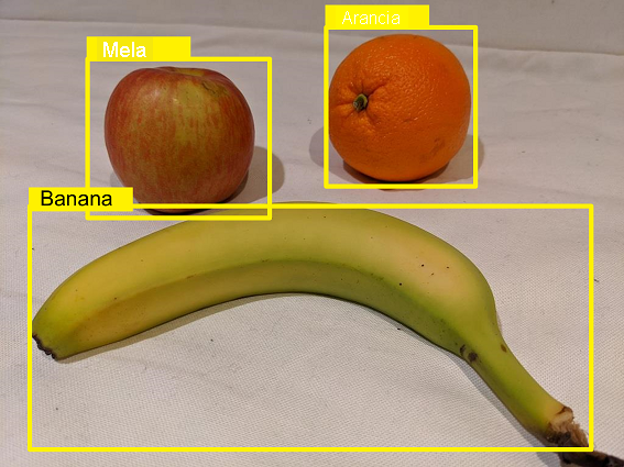 A photograph of fruit with the location and type of fruits detected.