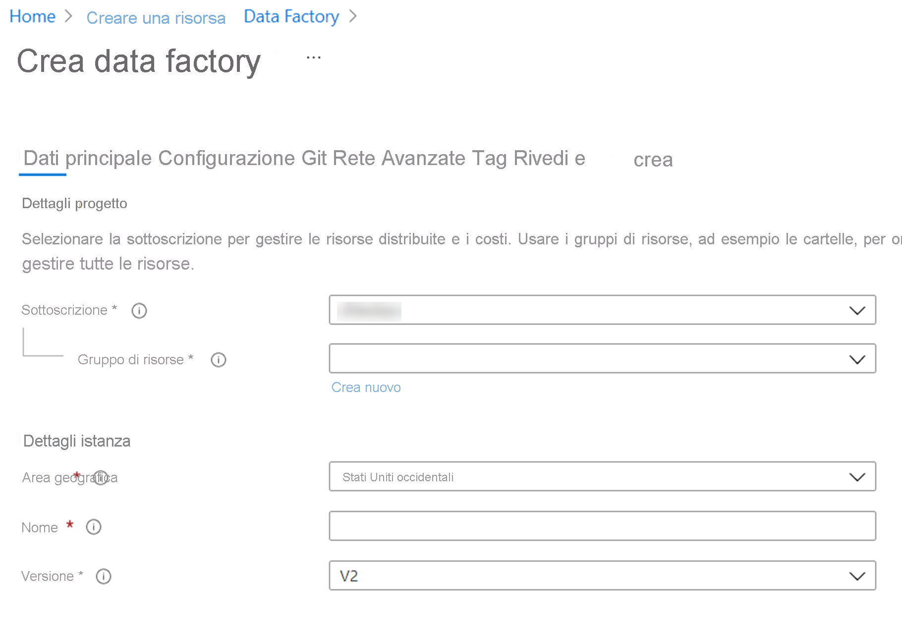 Creazione di un'istanza di Azure Data Factory