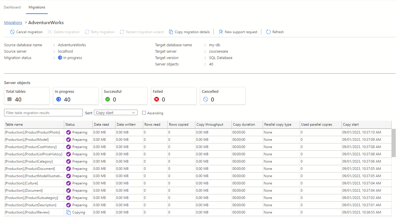 Screenshot dei dettagli di migrazione dell'estensione di migrazione di Azure per Azure Data Studio.