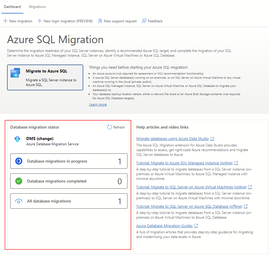 Screenshot del dashboard di migrazione dell'estensione di migrazione di Azure per Azure Data Studio.