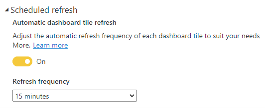 Screenshot della configurazione automatica di aggiornamento riquadro della dashboard con una frequenza di aggiornamento impostata su 15 minuti.