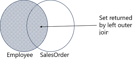 A Venn diagram showing the outer join results of the Employee and SalesOrder sets