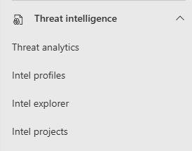 Screenshot delle opzioni selezionabili per l'intelligence sulle minacce nel pannello di navigazione sinistro del portale di Microsoft Defender.