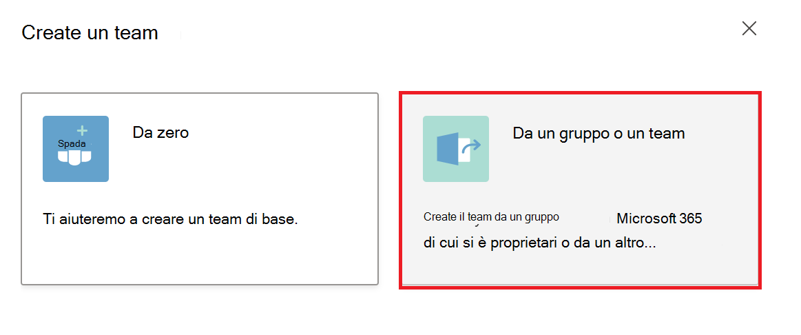 Screenshot della creazione del team da un gruppo o un team di Microsoft 365 esistente.