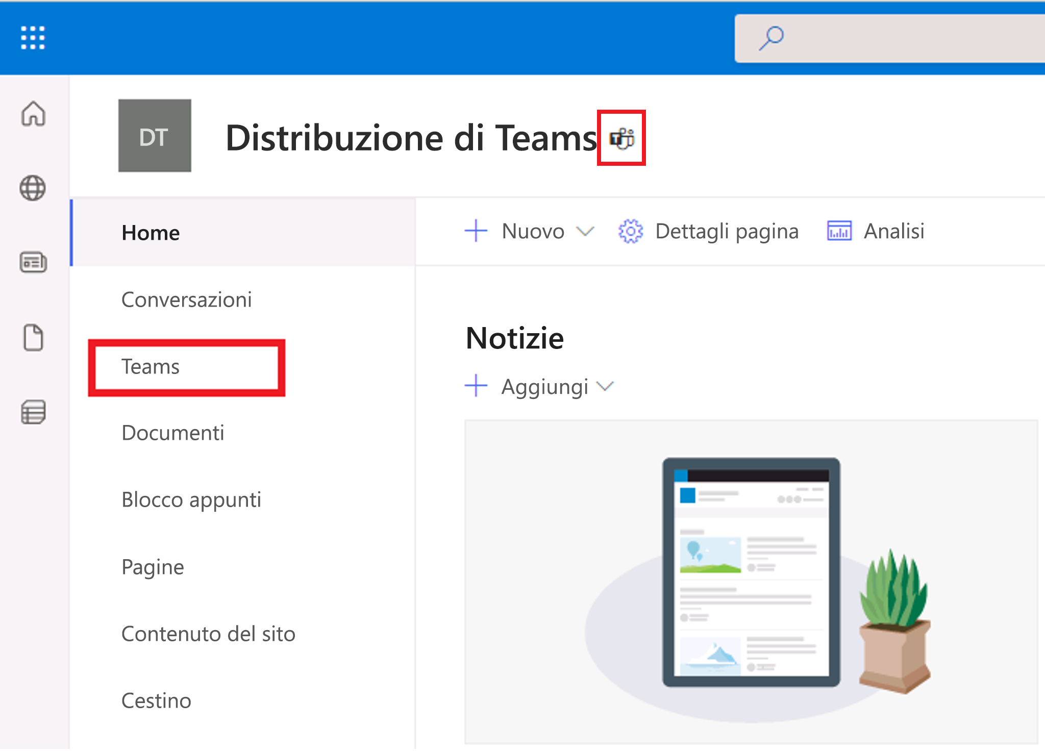 Screenshot del riquadro di spostamento di SharePoint che mostra l'opzione Teams.