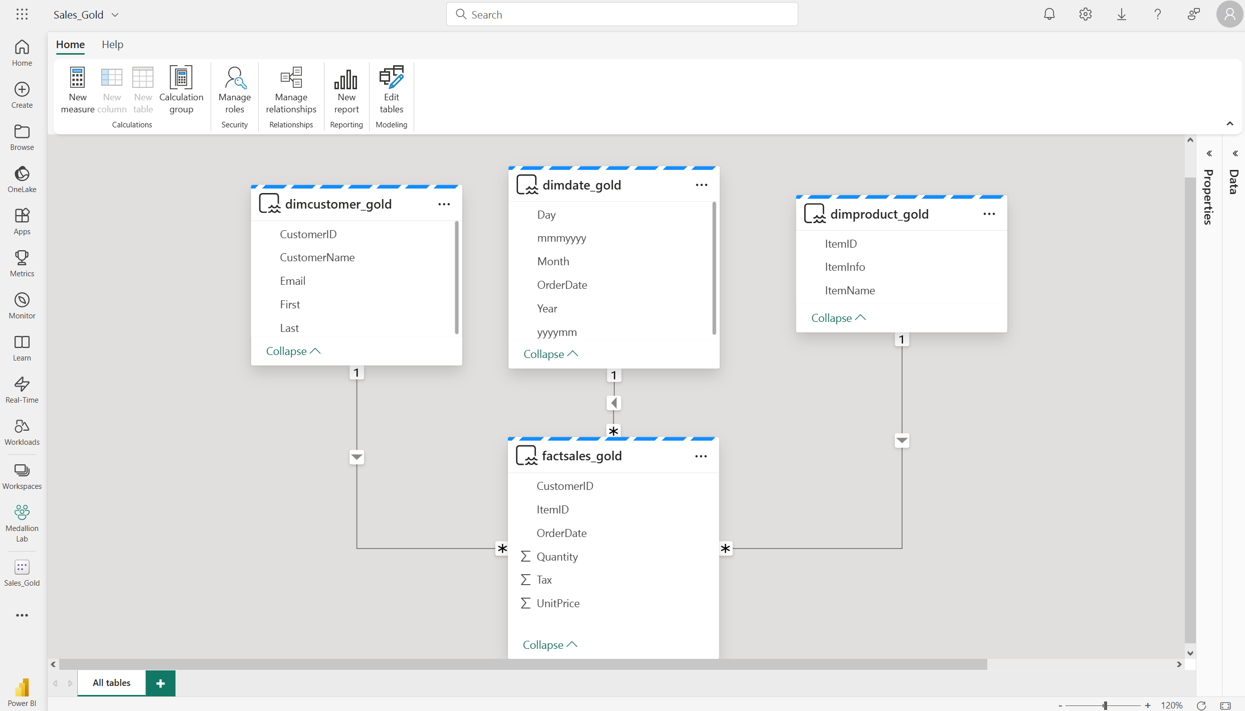 Screenshot del modello semantico di Power BI con relazioni tra tabelle.