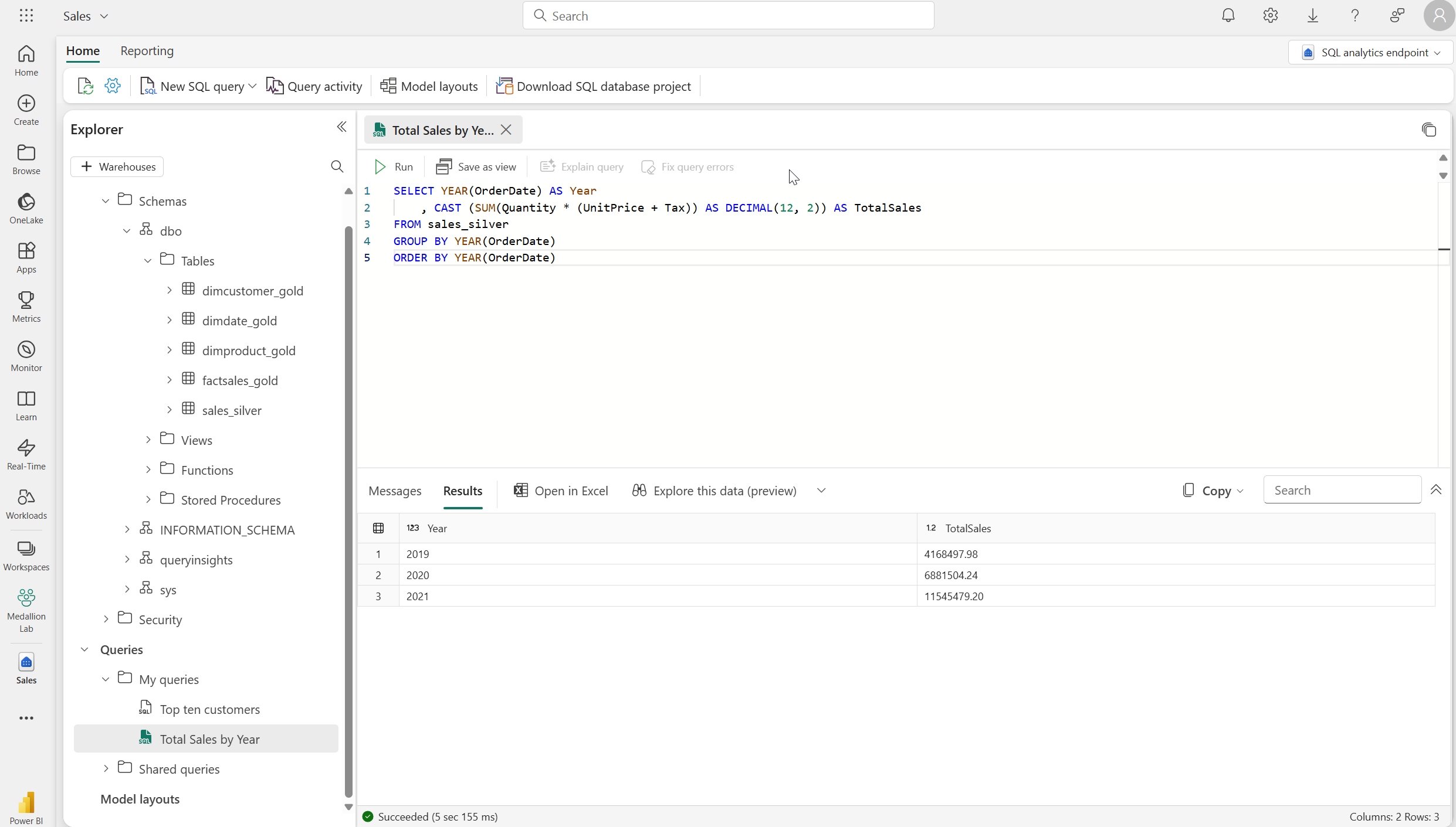 Screenshot dell'endpoint di analisi SQL nell'interfaccia utente di Fabric.