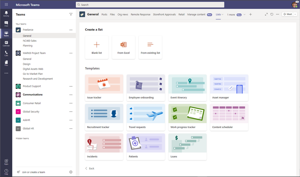 Screenshot dell'integrazione degli elenchi Microsoft in Microsoft Teams.