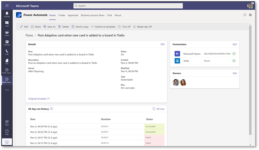 Screenshot dell'uso di Power Automate in Microsoft Teams.