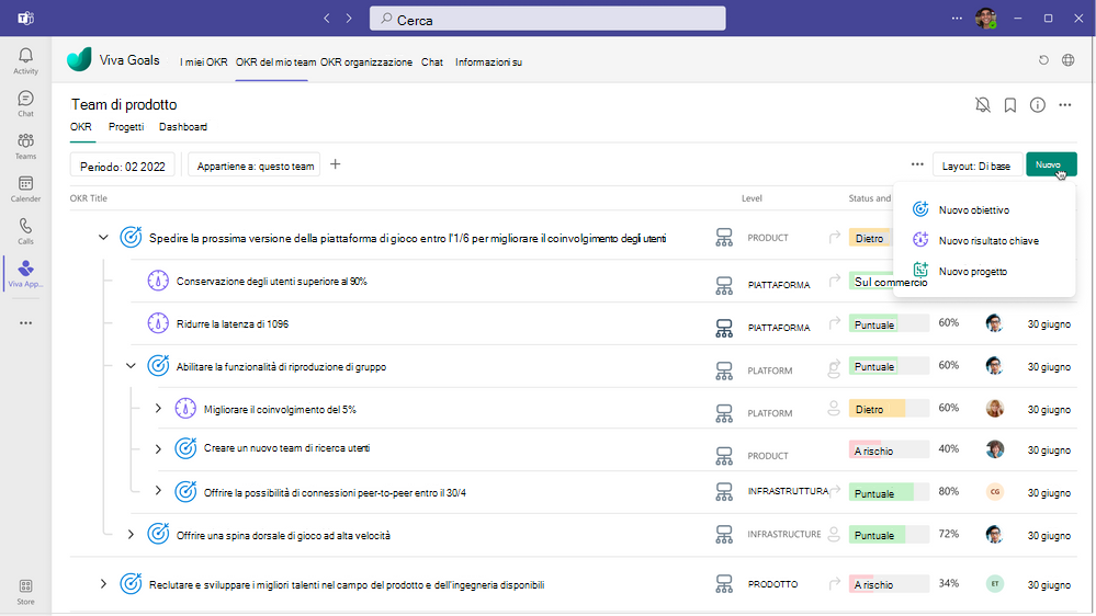 Screenshot dell'integrazione tra gli obiettivi di Viva e Microsoft Teams.