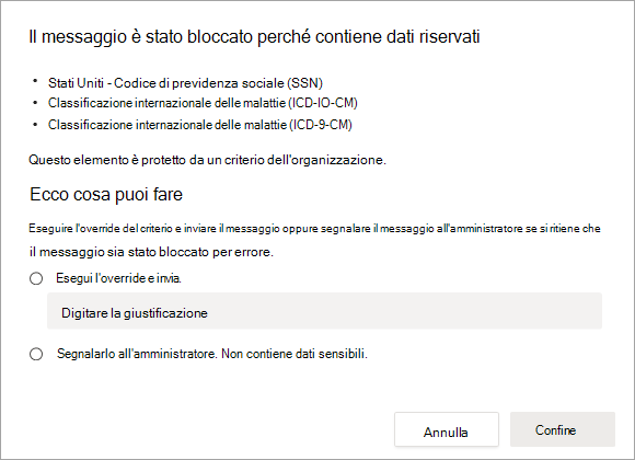 Screenshot delle Opzioni per risolvere il messaggio bloccato.