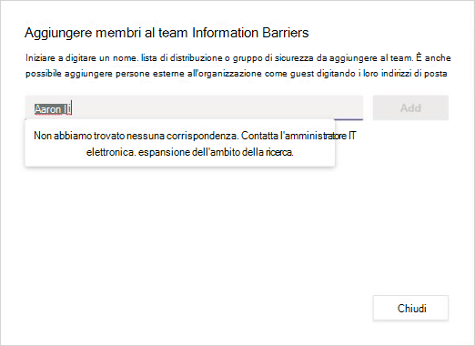 Screenshot della ricerca di un nuovo membro da aggiungere a un team e dell'assenza di corrispondenze.