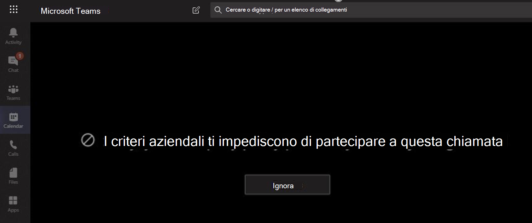 Screenshot che mostra l'utente bloccato dalla riunione.