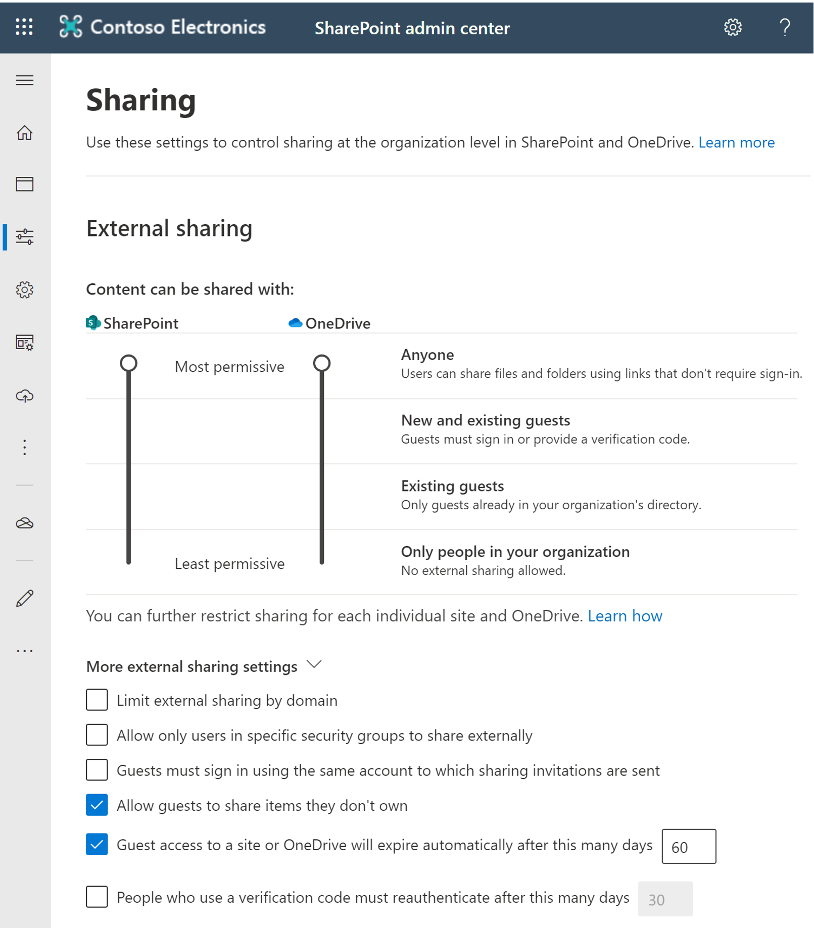 Screenshot dell'impostazione di condivisione esterna nell'interfaccia di amministrazione di SharePoint.