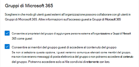 Screenshot delle impostazioni guest di Gruppi di Microsoft 365 nell'interfaccia di amministrazione di Microsoft 365.