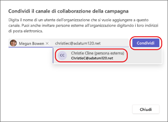 Screenshot della condivisione di un canale condiviso con utenti esterni.