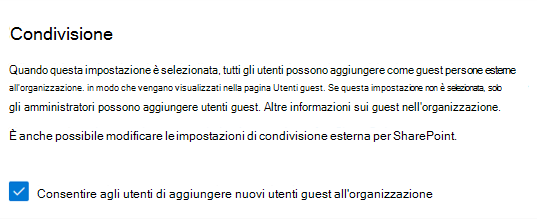 Screenshot dell'impostazione di condivisione guest in sicurezza e privacy nell'interfaccia di amministrazione di Microsoft 365.