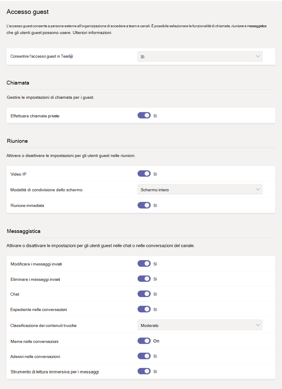 Screenshot delle impostazioni delle autorizzazioni guest in Teams.