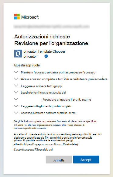 Screenshot delle autorizzazioni richieste da un'app.