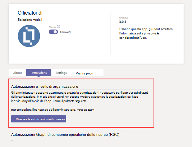 Screenshot delle autorizzazioni a livello di organizzazione nella scheda Autorizzazioni per un'app.
