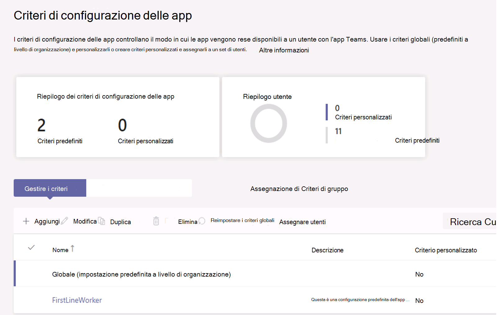  Screenshot dei criteri di configurazione dell'app.