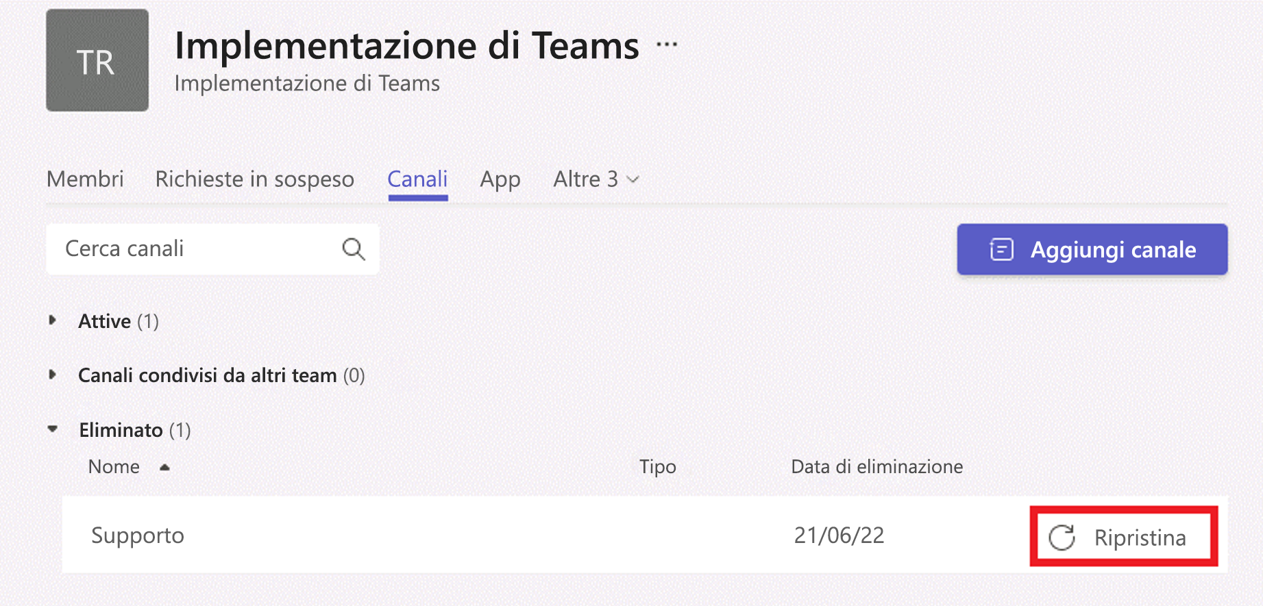  Screenshot del ripristino di un canale eliminato dal client di Teams.