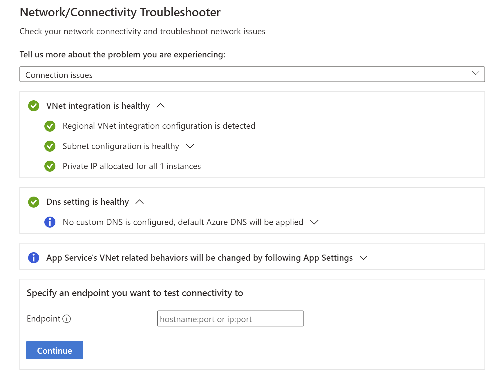 Screenshot che mostra la risoluzione dei problemi di esecuzione per i problemi di connessione.