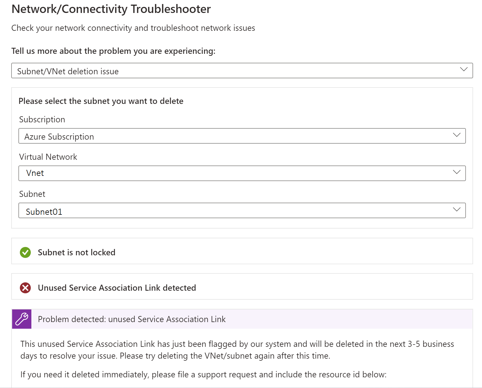 Screenshot che mostra come eseguire lo strumento di risoluzione dei problemi relativi alla subnet o all'eliminazione della rete virtuale.