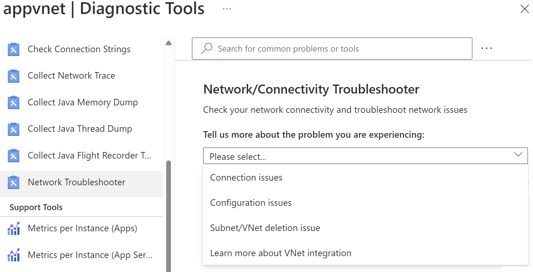 Screenshot che mostra come aprire lo strumento di risoluzione dei problemi di rete nella portale di Azure.