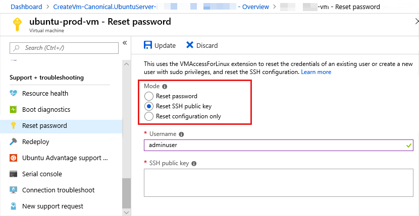 Screenshot per reimpostare la configurazione SSH o le credenziali nella portale di Azure.