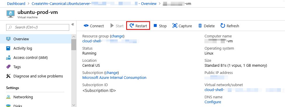 Screenshot per riavviare una macchina virtuale nel portale di Azure.