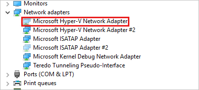 Lo screenshot mostra le schede di rete in cui la scheda di rete Microsoft Hyper-V è disattivata.